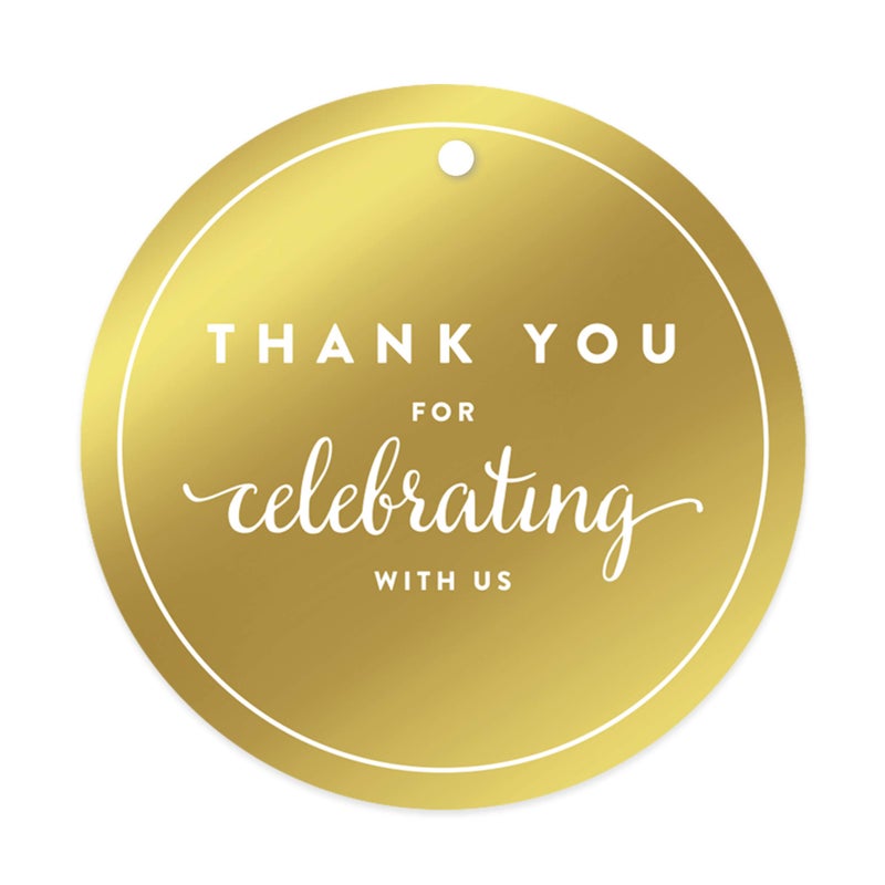 Andaz Press Round Circle Favor Gift Tags, Metallic Gold Ink, Thank You for Celebrating with US, 24-Pack, for Baby Bridal Shower, Wedding Decor - Image 1